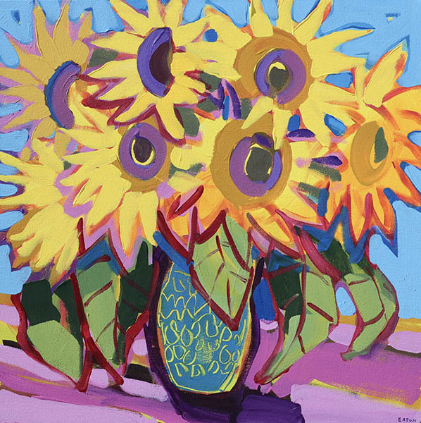 Sunflowers in Blue Pottery Vase